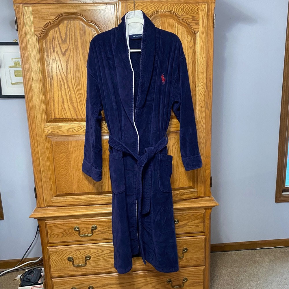 Polo Ralph Lauren VTG Robe Navy Red Fleece Lined Shawl Collar Belted Men OS - Picture 4 of 13